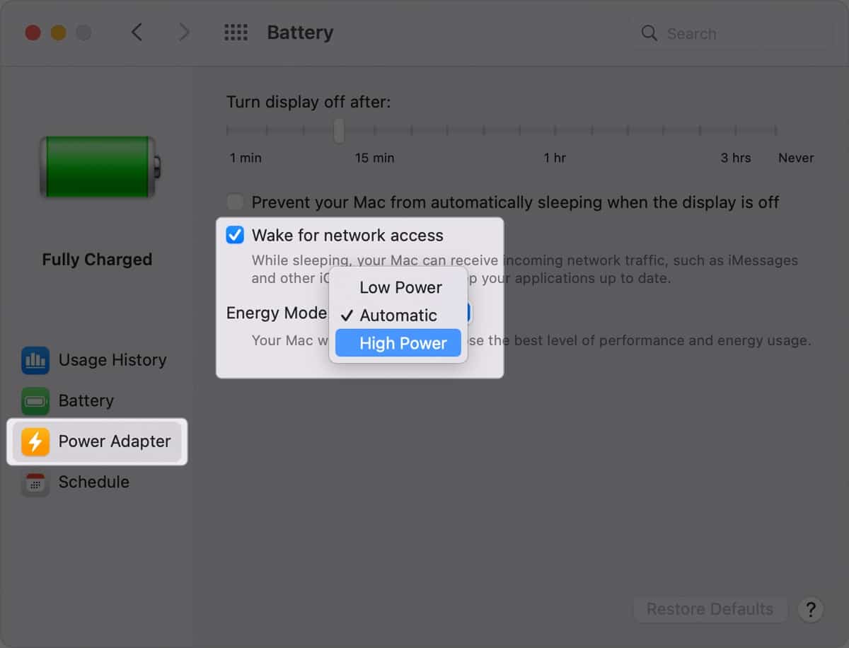 turn on high power mode on mac