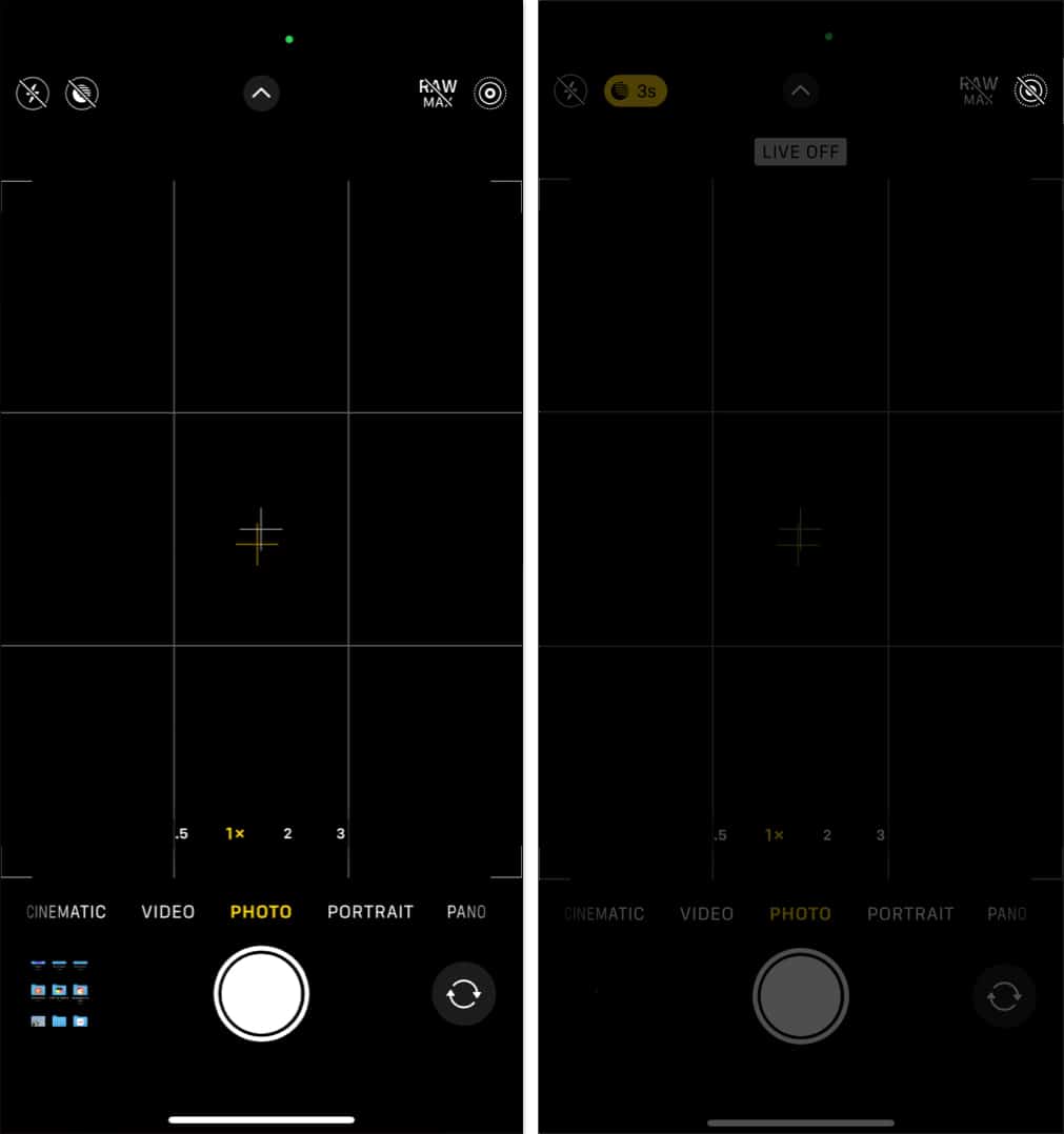 Turning off the Live Photo option in the Camera app on an iPhone