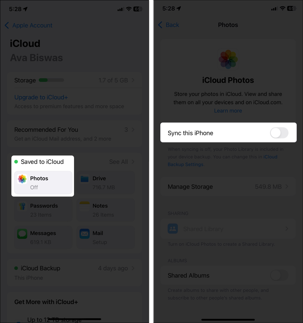 토글 오프 꺼짐이 iPhone 옵션을 iCloud 설정에서 동기화합니다