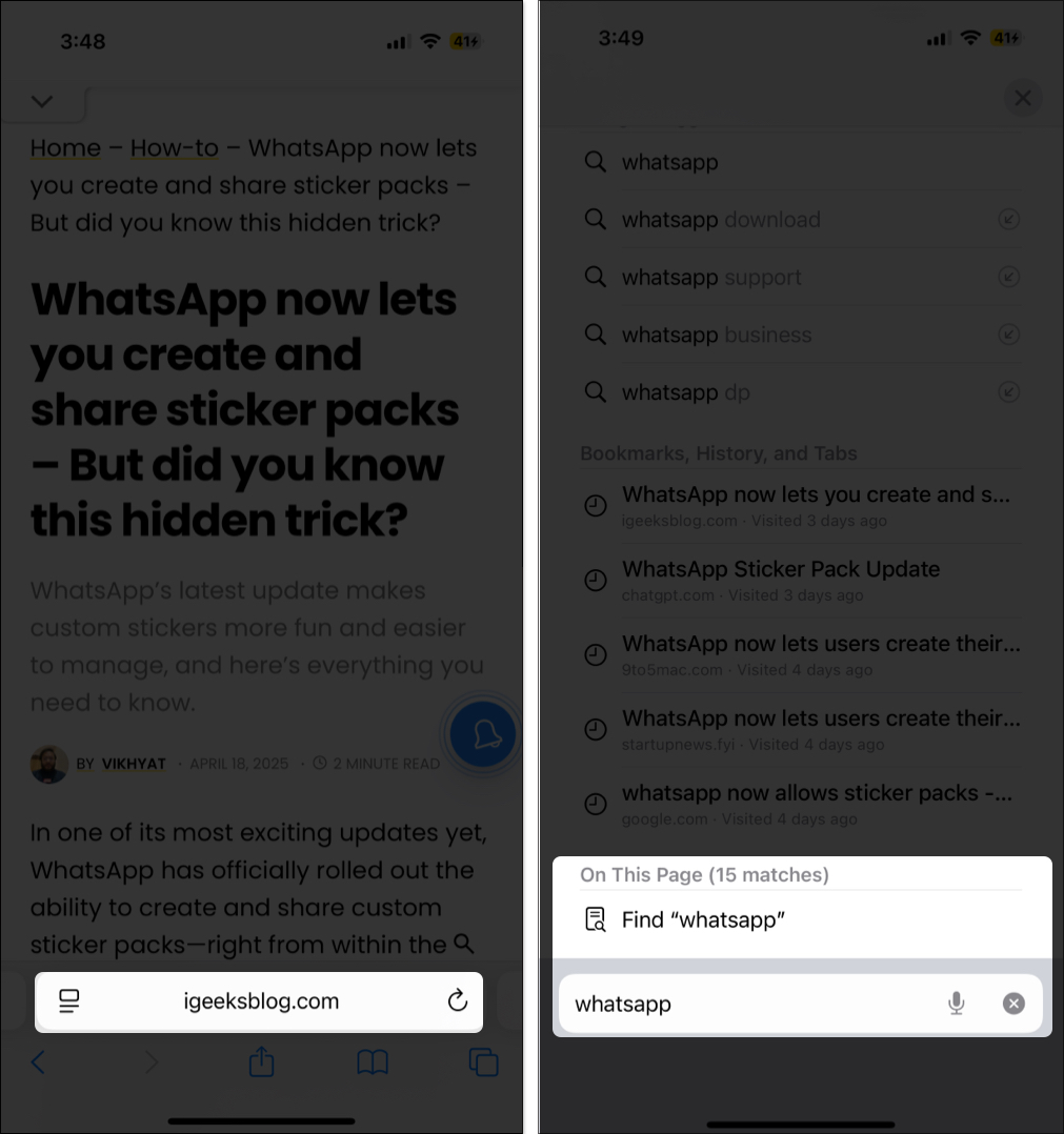 Pomocí adresního řádku prohledejte přesné slovo na webové stránce v Safari na iPhone
